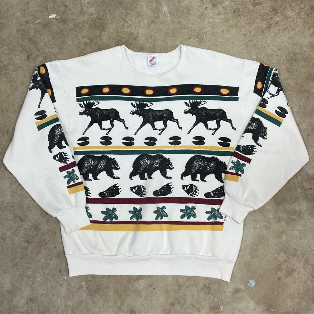 Michigan Rag Co. VTG 80s Bear and Moose Print Sweatshirt Crewneck Sz Large USA